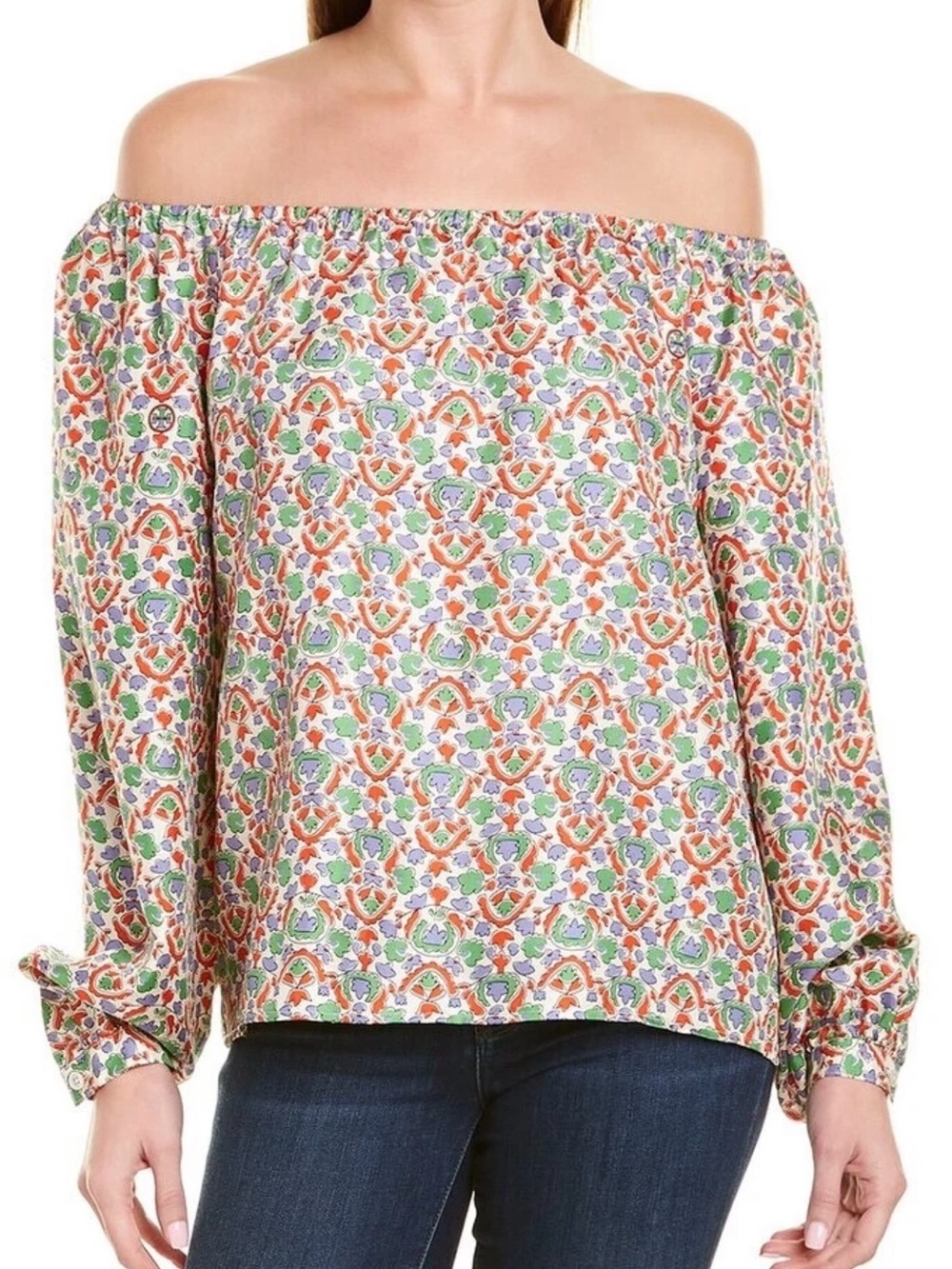Tory Burch Off-Shoulder Floral-Print Blouse in White, Orange, Green, Purple